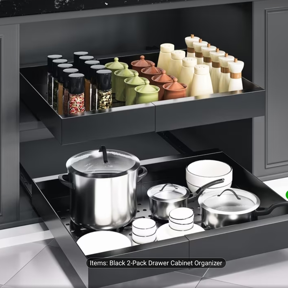 Heavy-Duty Black 2-Drawer‎ Pull Out Cabinet Organizer with Adjustable Width